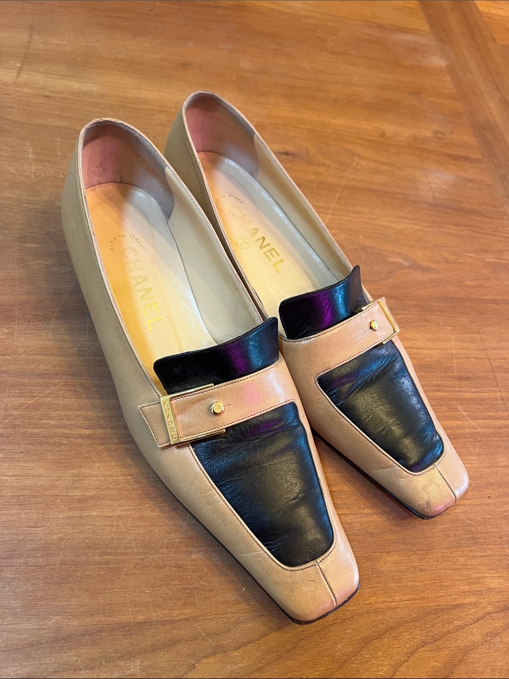 CHANEL Beige and Black Leather Strap Loafers